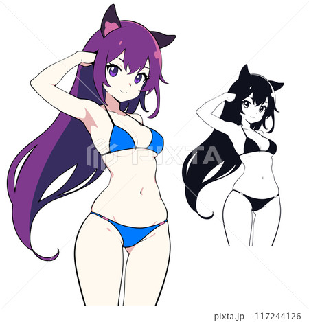 Anime drawing of a purple hair girl with cat ears wearing a blue bikini. 117244126
