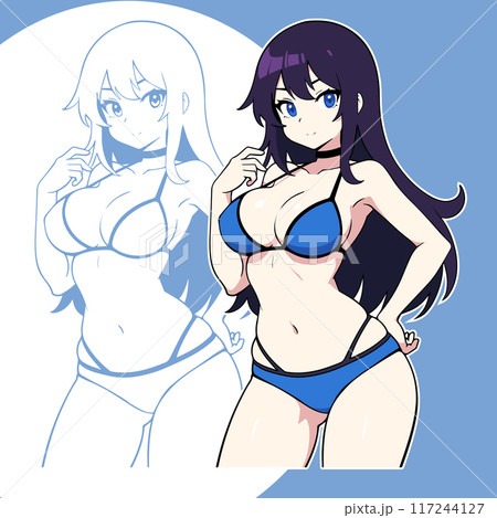 Anime drawing of a girl with dark long hair wearing a bikini. 117244127