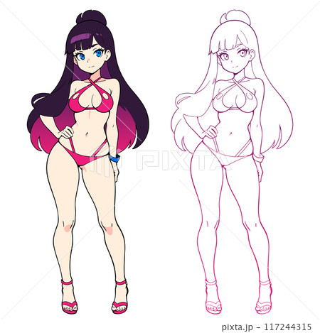 Full body anime drawing of a girl with long hair wearing a pink bikini. 117244315