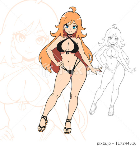 Full body anime illustration of a blonde girl in a black halter bikini. 117244316