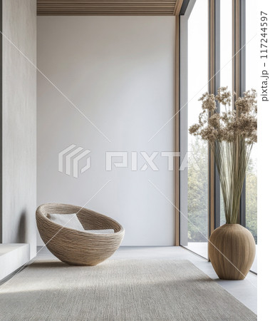 Relaxing property interiors with zen vibes in an interior design minimalist composition. Oriental inspired Real Estate home. 117244597