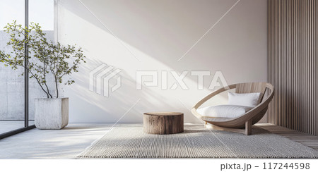 Relaxing property interiors with zen vibes in an interior design minimalist composition. Oriental inspired Real Estate home. 117244598