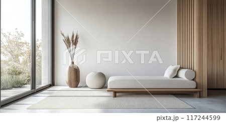 Relaxing property interiors with zen vibes in an interior design minimalist composition. Oriental inspired Real Estate home. 117244599