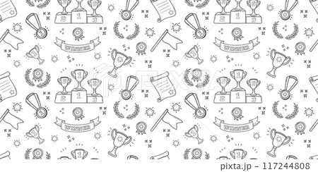 Doodle pattern sport. Background with linear symbols of winner. Black and white pattern with cups 117244808