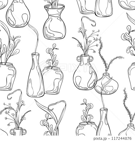 Vases with floral arrangement in black white vector seamless pattern isolated. Pottery with greenery hand drawn in line art on endless background. Pattern design with leaves and stems in clay jugs 117244876