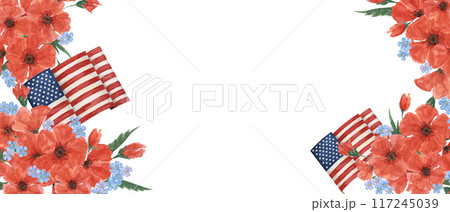 Memorial Day banner. US flag, red poppy flower, we are closed template. Hand drawn watercolor home of the brave card, remember and honor banner, web announcement, commemorative event, flyer, sale 117245039