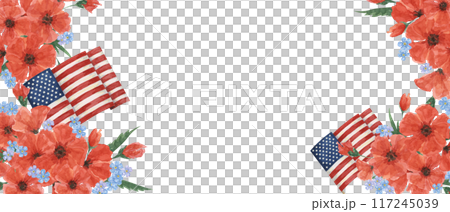 Memorial Day banner. US flag, red poppy flower, we are closed template. Hand drawn watercolor home of the brave card, remember and honor banner, web announcement, commemorative event, flyer, sale 117245039
