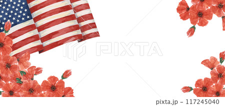 Memorial Day banner. US flag, red poppy flower, we are closed template. Hand drawn watercolor home of the brave card, remember and honor banner, web announcement, commemorative event, flyer, sale 117245040
