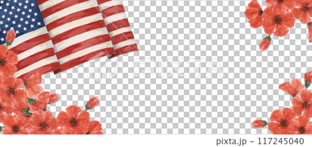 Memorial Day banner. US flag, red poppy flower, we are closed template. Hand drawn watercolor home of the brave card, remember and honor banner, web announcement, commemorative event, flyer, sale Memorial Day banner. US flag, red poppy flower, we are closed template. Hand drawn watercolor home of the brave card, remember and honor banner, web announcement, commemorative event, flyer, sale 117245040