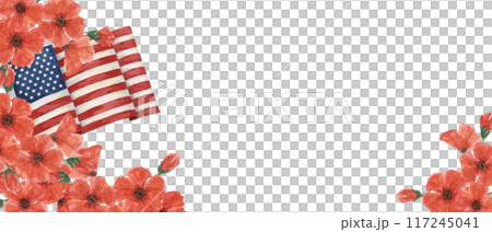 Memorial Day banner. US flag, red poppy flower, we are closed template. Hand drawn watercolor home of the brave card, remember and honor banner, web announcement, commemorative event, flyer, sale 117245041