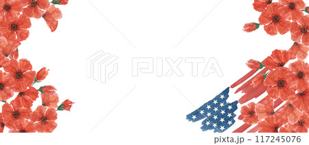 Memorial Day banner. US flag, red poppy flower, we are closed template. Hand drawn watercolor home of the brave card, remember and honor banner, web announcement, commemorative event, flyer, sale Memorial Day banner. US flag, red poppy flower, we are closed template. Hand drawn watercolor home of the brave card, remember and honor banner, web announcement, commemorative event, flyer, sale 117245076