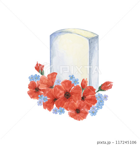 Memorial Day clipart. Red poppy flower, soldiers grave, forget-me-not . Anzac day. Patriotic hand drawn watercolor home of the brave card, remember and honor banner, commemorative events, flyer, sale Memorial Day clipart. Red poppy flower, soldiers grave, forget-me-not . Anzac day. Patriotic hand drawn watercolor home of the brave card, remember and honor banner, commemorative events, flyer, sale 117245106