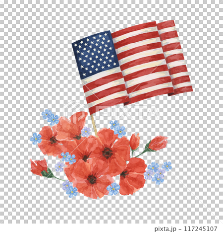 Memorial Day clipart. US flag, red poppy flower, forget-me-nots. Patriotic hand drawn watercolor home of the brave card, remember and honor banner, commemorative events, veteran salute flyer, sale 117245107