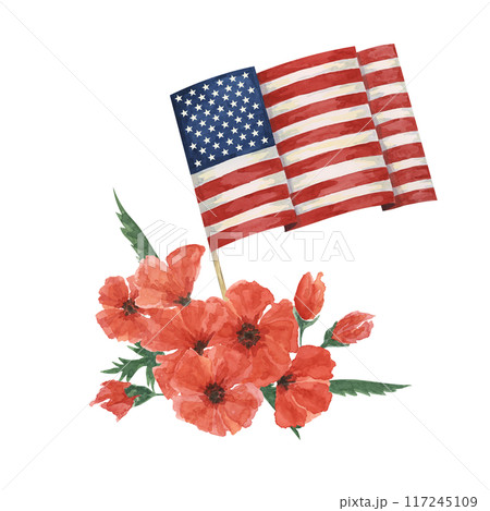 Memorial Day clipart. US flag, red poppy flower, forget-me-nots. Patriotic hand drawn watercolor home of the brave card, remember and honor banner, commemorative events, veteran salute flyer, sale Memorial Day clipart. US flag, red poppy flower, forget-me-nots. Patriotic hand drawn watercolor home of the brave card, remember and honor banner, commemorative events, veteran salute flyer, sale 117245109