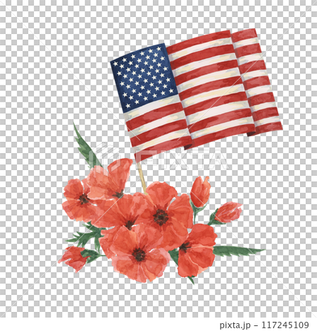 Memorial Day clipart. US flag, red poppy flower, forget-me-nots. Patriotic hand drawn watercolor home of the brave card, remember and honor banner, commemorative events, veteran salute flyer, sale Memorial Day clipart. US flag, red poppy flower, forget-me-nots. Patriotic hand drawn watercolor home of the brave card, remember and honor banner, commemorative events, veteran salute flyer, sale 117245109