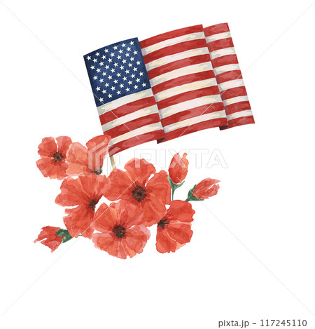 Memorial Day clipart. US flag, red poppy flower, forget-me-nots. Patriotic hand drawn watercolor home of the brave card, remember and honor banner, commemorative events, veteran salute flyer, sale Memorial Day clipart. US flag, red poppy flower, forget-me-nots. Patriotic hand drawn watercolor home of the brave card, remember and honor banner, commemorative events, veteran salute flyer, sale 117245110