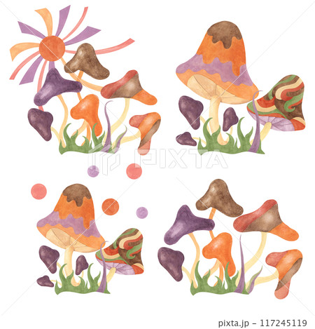 Retro hippie sun, clouds, grass and fly agaric mushrooms 70s style. Hippie psychedelic groovy fungus clipart set. Watercolor composition for flower power sticker, nostalgic flyer print, quote, t-shirt 117245119