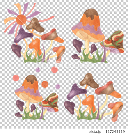 Retro hippie sun, clouds, grass and fly agaric mushrooms 70s style. Hippie psychedelic groovy fungus clipart set. Watercolor composition for flower power sticker, nostalgic flyer print, quote, t-shirt 117245119