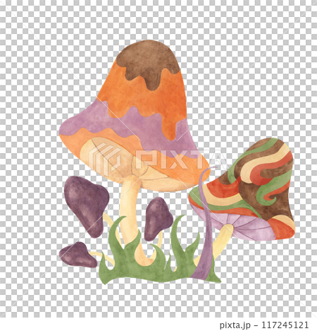 Retro hippie mushroom and grass in 70s style. Hippie psychedelic groovy fungus clipart. Watercolor indie illustration for flower power sticker, nostalgic design, printing, quote, t-shirt cartoon style 117245121