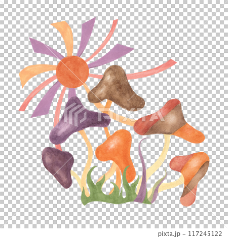 Retro hippie mushroom and sun in 1970s style. Hippie psychedelic groovy fungus clipart. Watercolor indie illustration for flower power sticker, nostalgic design, printing, quote, t-shirt cartoon style Retro hippie mushroom and sun in 1970s style. Hippie psychedelic groovy fungus clipart. Watercolor indie illustration for flower power sticker, nostalgic design, printing, quote, t-shirt cartoon style 117245122