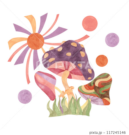 Retro hippie mushroom and sun in 1970s style. Hippie psychedelic groovy fungus clipart. Watercolor indie illustration for flower power sticker, nostalgic design, printing, quote, t-shirt cartoon style 117245146