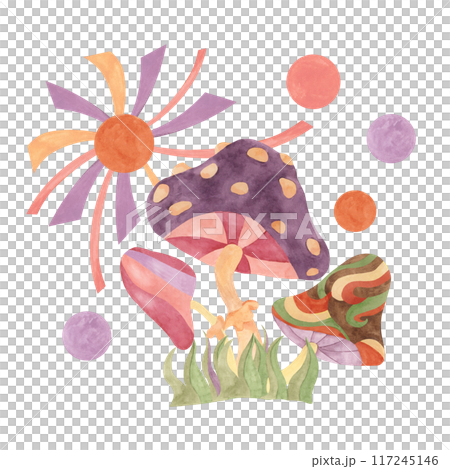 Retro hippie mushroom and sun in 1970s style. Hippie psychedelic groovy fungus clipart. Watercolor indie illustration for flower power sticker, nostalgic design, printing, quote, t-shirt cartoon style 117245146