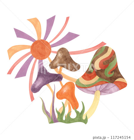 Retro hippie mushroom and sun in 1970s style. Hippie psychedelic groovy fungus clipart. Watercolor indie illustration for flower power sticker, nostalgic design, printing, quote, t-shirt cartoon style 117245154