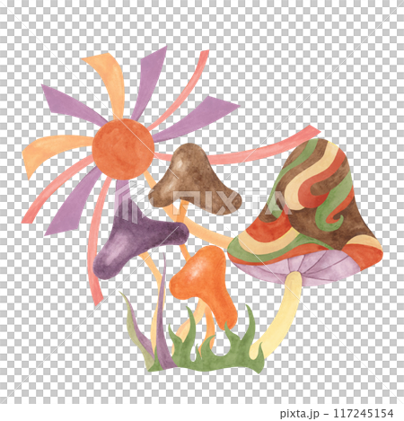 Retro hippie mushroom and sun in 1970s style. Hippie psychedelic groovy fungus clipart. Watercolor indie illustration for flower power sticker, nostalgic design, printing, quote, t-shirt cartoon style Retro hippie mushroom and sun in 1970s style. Hippie psychedelic groovy fungus clipart. Watercolor indie illustration for flower power sticker, nostalgic design, printing, quote, t-shirt cartoon style 117245154