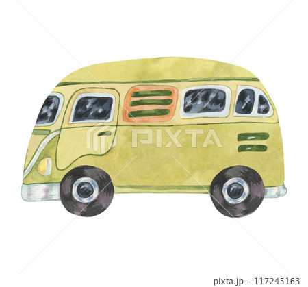 Green vintage camper van. Groovy retro car. Children's drawing wagon, Classic bus vehicle watercolor in nostalgic cartoon style for summer beach holidays stickers, road trip flyers, printing, nursery 117245163