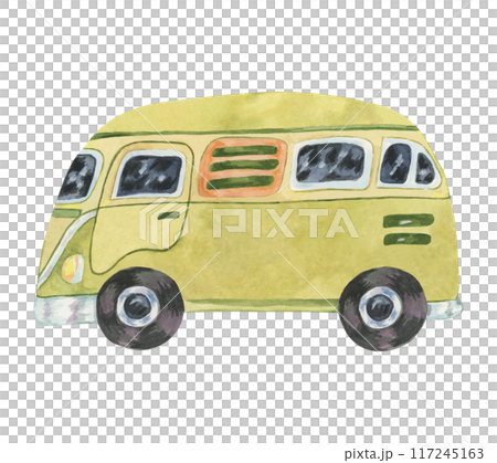 Green vintage camper van. Groovy retro car. Children's drawing wagon, Classic bus vehicle watercolor in nostalgic cartoon style for summer beach holidays stickers, road trip flyers, printing, nursery 117245163