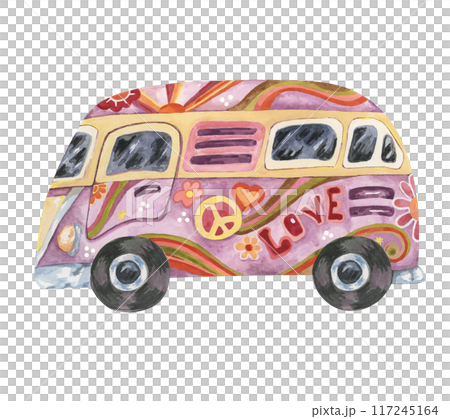 Hippie vintage camper van with flowers. Groovy purple retro bus car for flower power road trip. Trippy watercolor drawing, cartoon style for printing, travel with peace sign, daisies, sun and waves Hippie vintage camper van with flowers. Groovy purple retro bus car for flower power road trip. Trippy watercolor drawing, cartoon style for printing, travel with peace sign, daisies, sun and waves 117245164