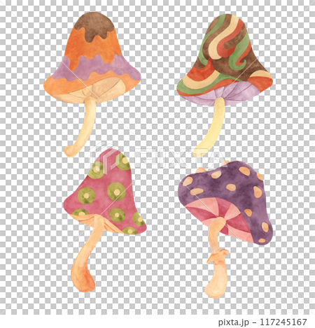 Hippie psychedelic magic mushroom in 70s style. Vintage groovy fungi nostalgic clipart. Watercolor fairytale fly agaric funky illustration for printing, trippy stickers, flyers, indie t-shirts, labels Hippie psychedelic magic mushroom in 70s style. Vintage groovy fungi nostalgic clipart. Watercolor fairytale fly agaric funky illustration for printing, trippy stickers, flyers, indie t-shirts, labels 117245167