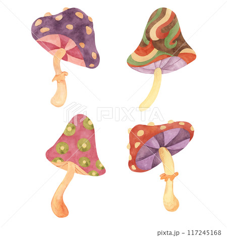 Hippie psychedelic magic mushroom in 70s style. Vintage groovy fungi nostalgic clipart. Watercolor fairytale fly agaric funky illustration for printing, trippy stickers, flyers, indie t-shirts, labels Hippie psychedelic magic mushroom in 70s style. Vintage groovy fungi nostalgic clipart. Watercolor fairytale fly agaric funky illustration for printing, trippy stickers, flyers, indie t-shirts, labels 117245168