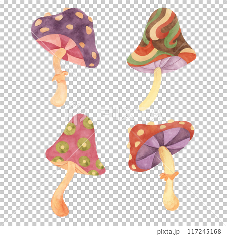 Hippie psychedelic magic mushroom in 70s style. Vintage groovy fungi nostalgic clipart. Watercolor fairytale fly agaric funky illustration for printing, trippy stickers, flyers, indie t-shirts, labels Hippie psychedelic magic mushroom in 70s style. Vintage groovy fungi nostalgic clipart. Watercolor fairytale fly agaric funky illustration for printing, trippy stickers, flyers, indie t-shirts, labels 117245168