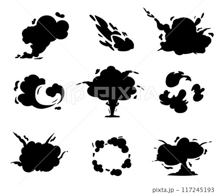 Explosion set. Black silhouette of exploding and smoking. Dust and mist, comic smoke flows and clouds, Wind steaming. Exploded dynamite or nuclear bombs icons design, vector isolated illustration 117245193