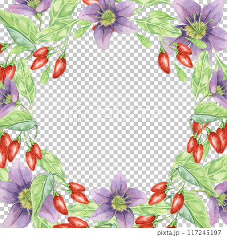 Red goji berries, lilac flowers and green leaves round frame design. Hand-drawn watercolor illustration, isolated for DIY printing, greeting card making, quote, gift tag, label, circle template 117245197