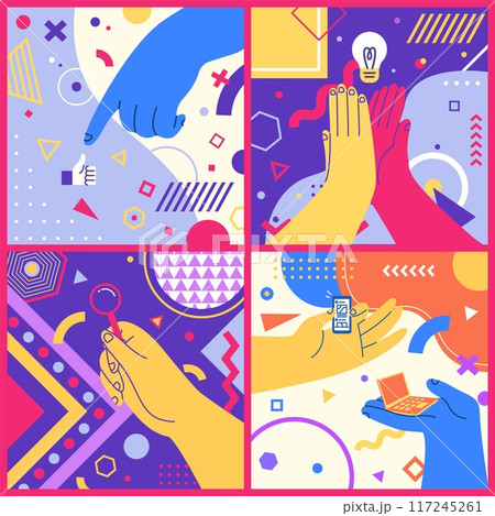 Doodle hand. Arms gesture. Phone and magnifier holding. Idea lamp. Laptop on giant palm. Abstract Memphis shapes. Negotiation handshake. Big palms touch. Online messenger. Vector color banners set 117245261