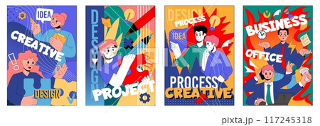 Office poster. Business project. People work. Managers workplace. Creative process technology. Idea lamp. Team research. Report study. Teamwork brainstorm. Abstract color design. Vector banners set 117245318