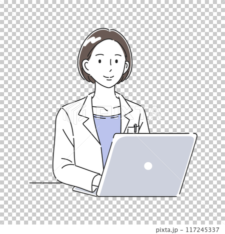 一位身穿白大褂的女醫生在筆記型電腦上工作的插畫素材 117245337