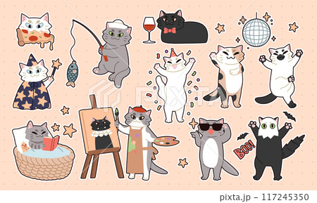 Cute cat sticker. Funny pets. Happy kittens play. Birthday fun. Kitty life. Animals draws and eats. Painting on easel. Sleepy mammal relax. Halloween masquerade. Vector cartoon feline characters set 117245350