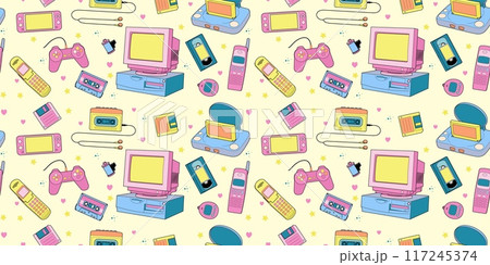 Seamless game pattern. Y2k devices. Hand drawn console. Vintage kids computer. Repeated print. Cartoon retro smartphone. Video gaming. PC screen button. 90s gadgets. Audio cassette. Vector background 117245374