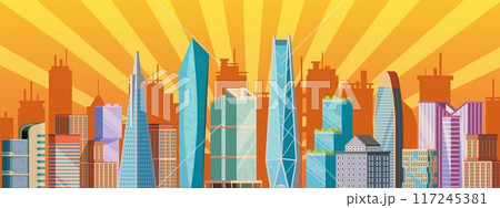 City retro background. Downtown buildings. Business architecture. Striped sunset sky. Sun rays. Urban landscape. Office houses. Night cityscape. Modern skyscrapers. Vector art abstract town scenery City retro background. Downtown buildings. Business architecture. Striped sunset sky. Sun rays. Urban landscape. Office houses. Night cityscape. Modern skyscrapers. Vector art abstract town scenery 117245381