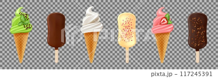 Ice cream realistic. Popsicle pistachio, strawberry and vanilla. Eskimo with chocolate. Cafe food, cold milk dessert with nuts, flavor dairy. Waffle cones and sticks, vector isolated icons restaurant Ice cream realistic. Popsicle pistachio, strawberry and vanilla. Eskimo with chocolate. Cafe food, cold milk dessert with nuts, flavor dairy. Waffle cones and sticks, vector isolated icons restaurant 117245391