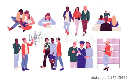 Students life. University education. College classmates. Young people group with graduate hats. Study campus. Teacher at blackboard. Online training course. School classroom. Vector school friends set 117245423
