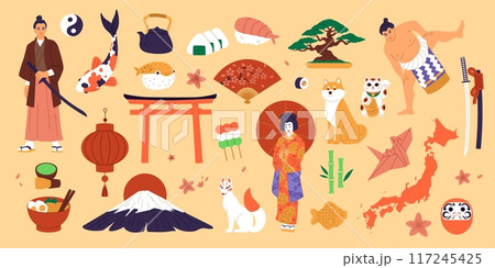 Japan collage. Travel landmark. Japanese samurai. Geisha woman kimono. Tea cup. Akita dog. Koi fish. Asian food. Fuji mountain. Pagoda torii. Traditional souvenir.  cartoon country elements set 117245425