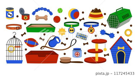 Pet goods. Dog or cat icon food, toy and house, care vet, animal bed and accessory. Kitten and puppy training, canine supplies cage stuff. Veterinary store. Vector zoo tidy object, cartoon flat style 117245433