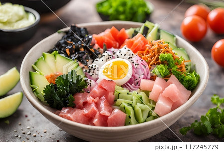 Poke bowl, A Hawaiian dish featuring diced raw fish often tuna served over rice with fresh vegetables, seaweed and a variety of flavorful sauces and toppings. AI Generated Poke bowl, A Hawaiian dish featuring diced raw fish often tuna served over rice with fresh vegetables, seaweed and a variety of flavorful sauces and toppings. AI Generated 117245779