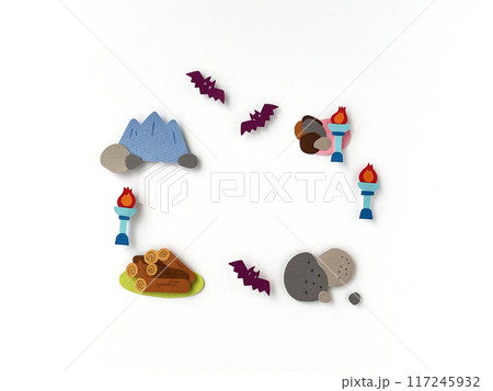 色画用紙イラスト工作：コウモリとかがり火、丸太のフレーム 117245932