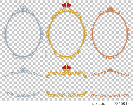 Set of gold, silver and copper western-style oval frames and heading decorations with crowns 117246039