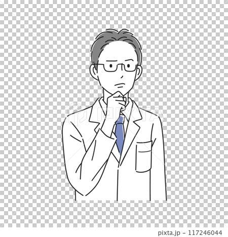 A male doctor in a white coat with a troubled expression A male doctor in a white coat with a troubled expression 117246044